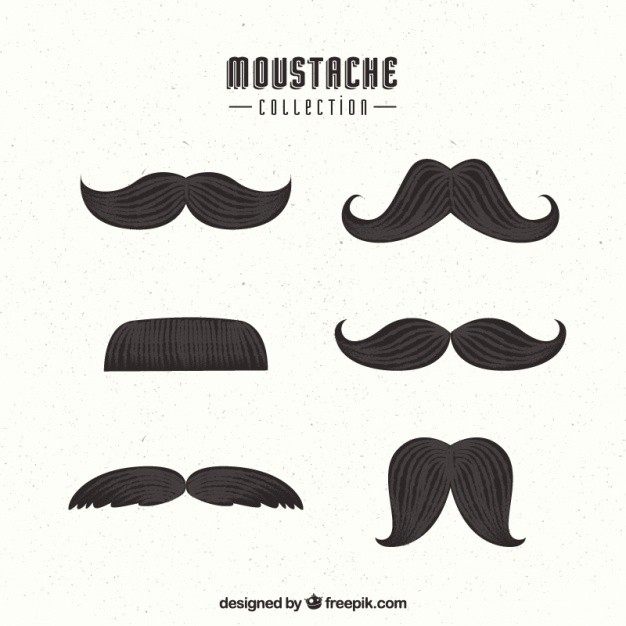 Collection of six illustrated dark moustache styles on a white background, representing Movember