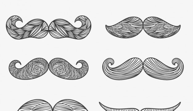 Six hand-drawn moustache styles in outline illustration on a white background, representing Movember