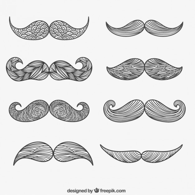 Six hand-drawn moustache styles in outline illustration on a white background, representing Movember