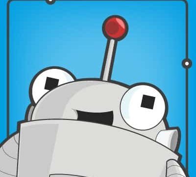 Moz robot mascot Roger Mozbot illustrated cartoon character on a blue background