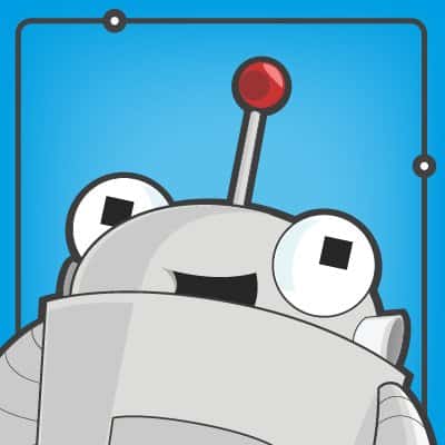 Moz robot mascot Roger Mozbot illustrated cartoon character on a blue background