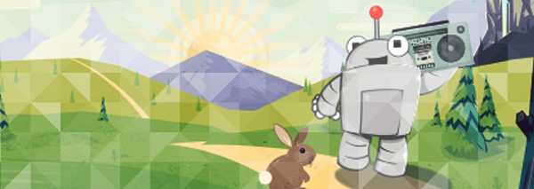 Moz robot mascot Roger Mozbot holding a boombox in a colourful illustrated landscape with a rabbit nearby