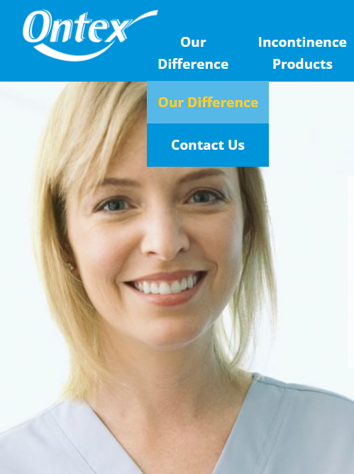 Ontex Healthcare website with navigation menu open and a smiling healthcare professional in the foreground