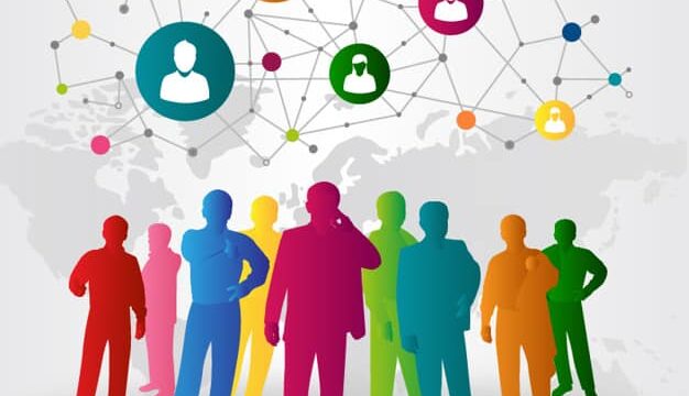 Illustration of colourful silhouetted people connected by a global network diagram representing outreach and link building