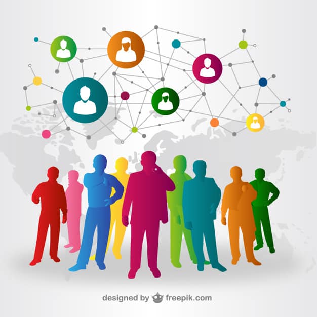 Illustration of colourful silhouetted people connected by a global network diagram representing outreach and link building