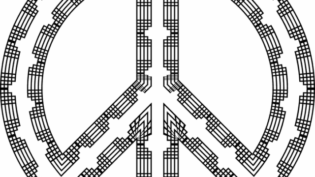 Geometric pixel-art peace symbol in black and white, used in a blog post about SEO and peace