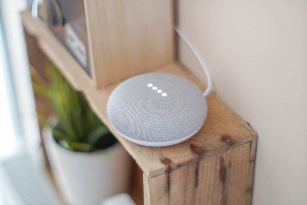Google Home Mini smart speaker on a wooden shelf next to a potted plant