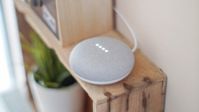 Google Home Mini smart speaker on a wooden shelf next to a potted plant