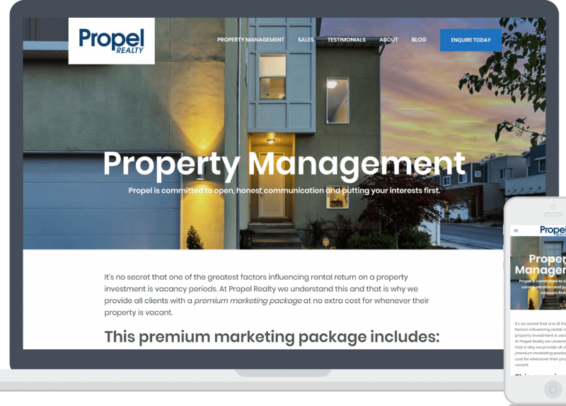 Propel Realty website displayed on laptop and mobile showing property management services homepage