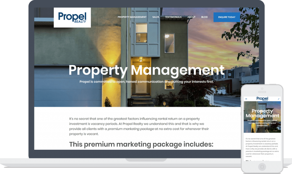 Propel Realty website displayed on laptop and mobile showing property management services homepage