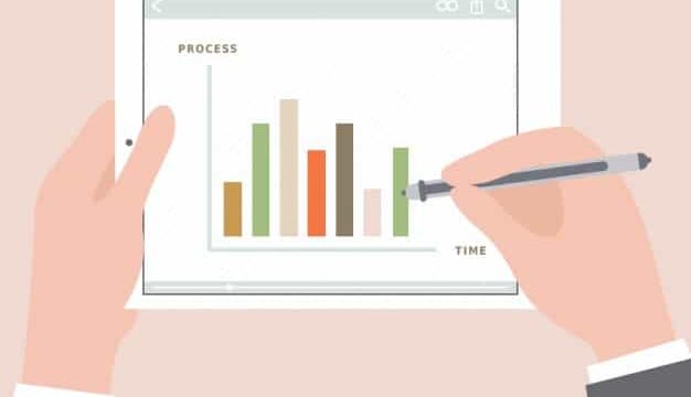 Illustration of hands holding a tablet displaying a bar chart labelled Process vs Time for tracking ranking results