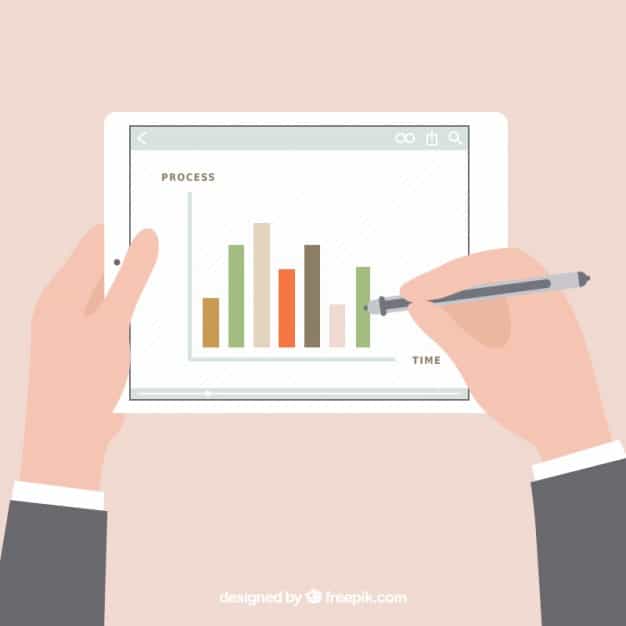 Illustration of hands holding a tablet displaying a bar chart labelled Process vs Time for tracking ranking results