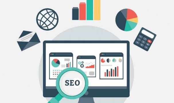 Flat design illustration of a magnifying glass with SEO label over a desktop monitor surrounded by analytics icons