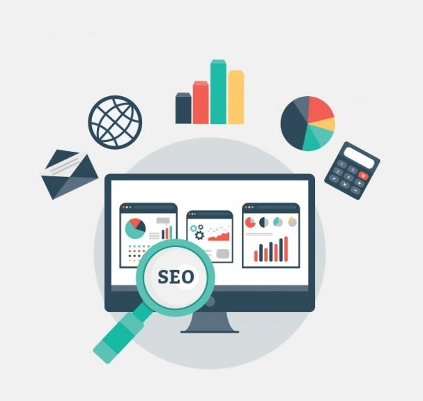 Flat design illustration of a magnifying glass with SEO label over a desktop monitor surrounded by analytics icons