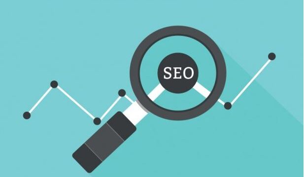 Flat illustration of a magnifying glass labelled SEO over a rising line graph on a teal background