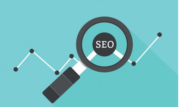 Flat illustration of a magnifying glass labelled SEO over a rising line graph on a teal background