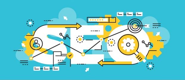 Flat design banner showing SEO text with gears, arrows, and digital marketing icons on a teal background