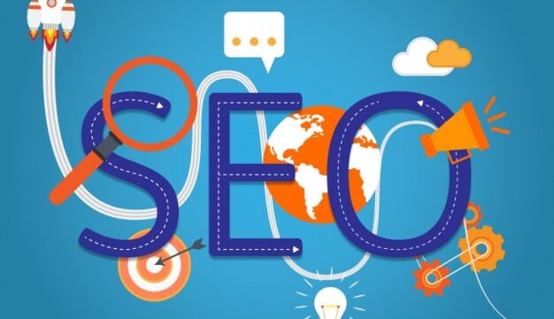Colourful flat illustration of large SEO lettering surrounded by digital marketing icons including a rocket, megaphone, and globe