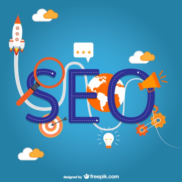 Colourful flat illustration of large SEO lettering surrounded by digital marketing icons including a rocket, megaphone, and globe