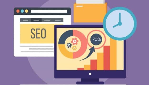 Flat illustration of an SEO webpage, desktop monitor showing a 70% growth chart, a clock, and a folder on a purple background