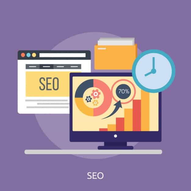 Flat illustration of an SEO webpage, desktop monitor showing a 70% growth chart, a clock, and a folder on a purple background
