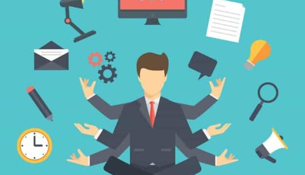 Flat illustration of a multi-armed businessman in a meditation pose surrounded by content marketing and digital tools icons