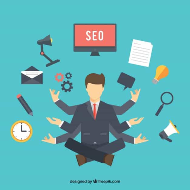 Flat illustration of a multi-armed businessman in a meditation pose surrounded by content marketing and digital tools icons
