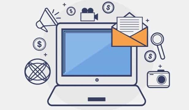 Outline illustration of a laptop with an envelope, megaphone, camera, and dollar coin icons representing digital marketing channels