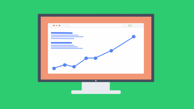 Flat illustration of a desktop monitor displaying an upward-trending analytics line graph on a green background