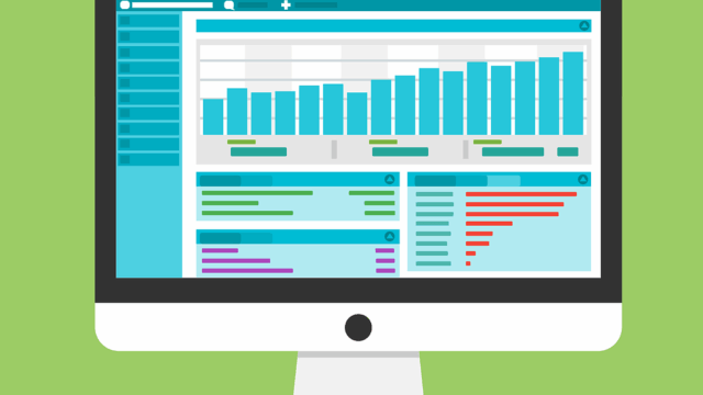 Flat-design illustration of a desktop monitor displaying a data dashboard with bar charts and horizontal bar graphs