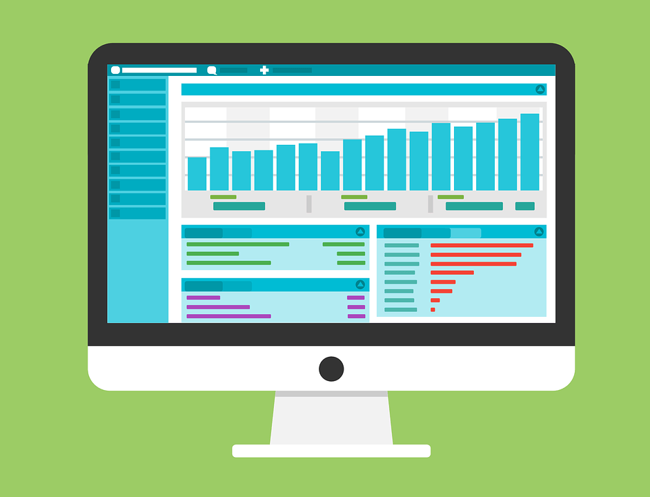 Flat-design illustration of a desktop monitor displaying a data dashboard with bar charts and horizontal bar graphs