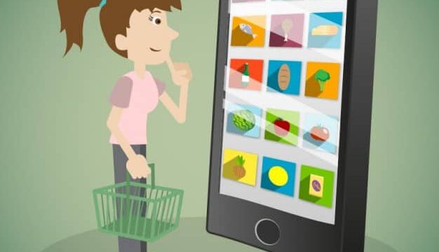 Cartoon illustration of a woman with a shopping basket browsing food products on a large smartphone screen
