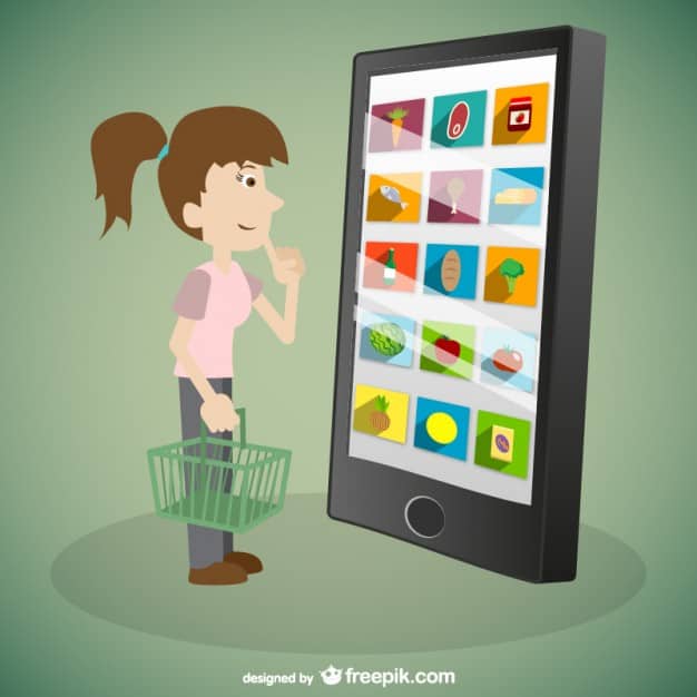 Cartoon illustration of a woman with a shopping basket browsing food products on a large smartphone screen