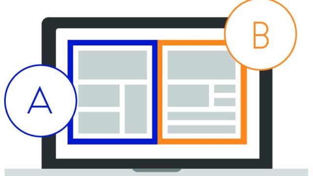 Laptop screen showing two webpage layouts side by side labelled A and B for split testing comparison