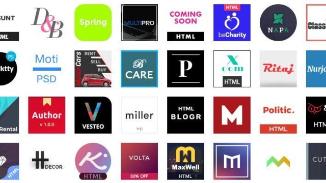 Grid of colourful WordPress and HTML theme icons from the ThemeForest marketplace