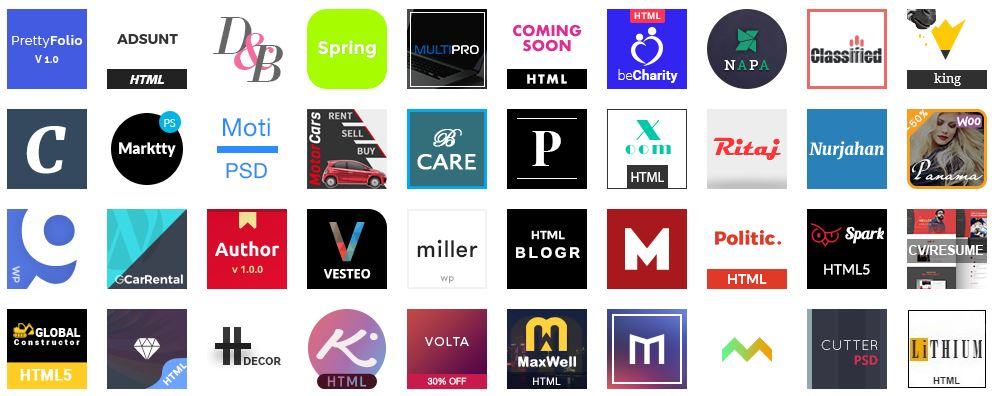 Grid of colourful WordPress and HTML theme icons from the ThemeForest marketplace