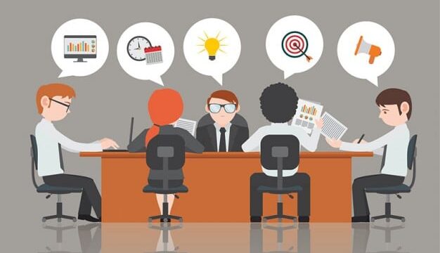 Flat-design illustration of five people in a marketing strategy meeting with thought bubbles showing analytics, ideas and goals