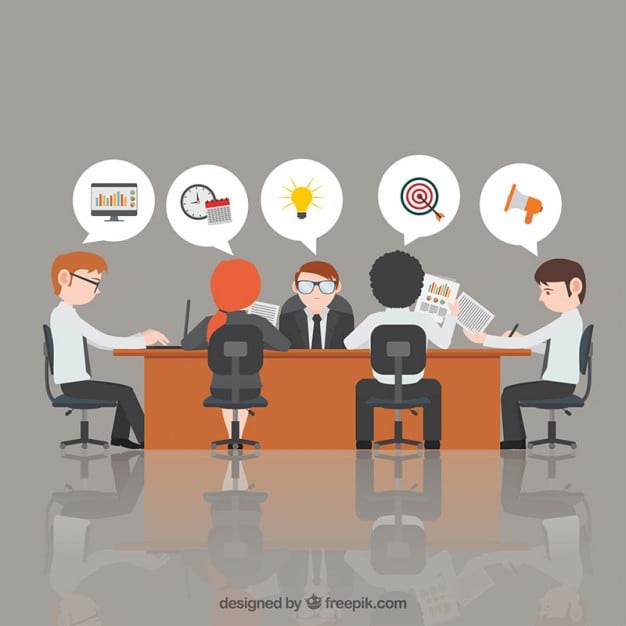 Flat-design illustration of five people in a marketing strategy meeting with thought bubbles showing analytics, ideas and goals