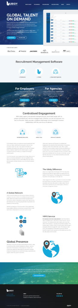 Ubidy global recruitment platform webpage showing features for enterprise employers, agencies and specialist agencies