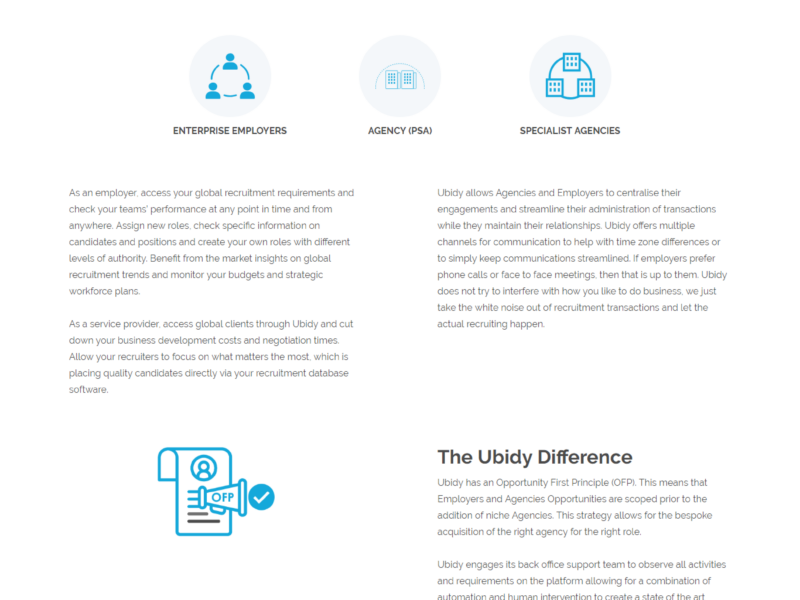 Ubidy global recruitment platform webpage showing features for enterprise employers, agencies and specialist agencies