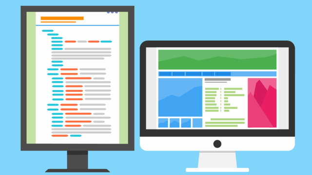 Flat illustration of a code editor and a website layout side by side on monitors