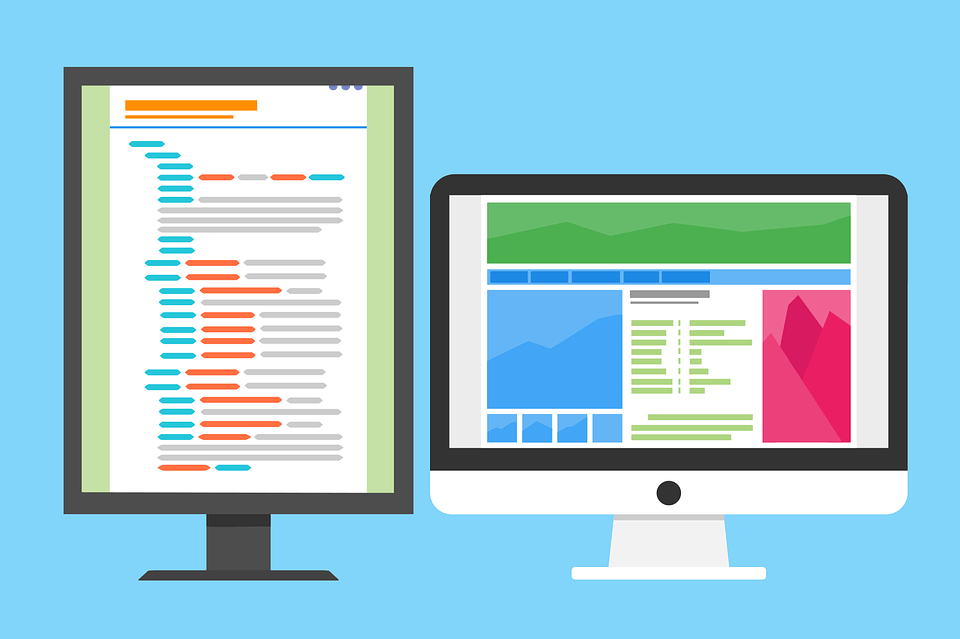 Flat illustration of a code editor and a website layout side by side on monitors