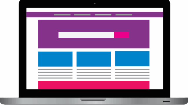 Flat illustration of a laptop screen showing a purple and blue website layout with a search bar