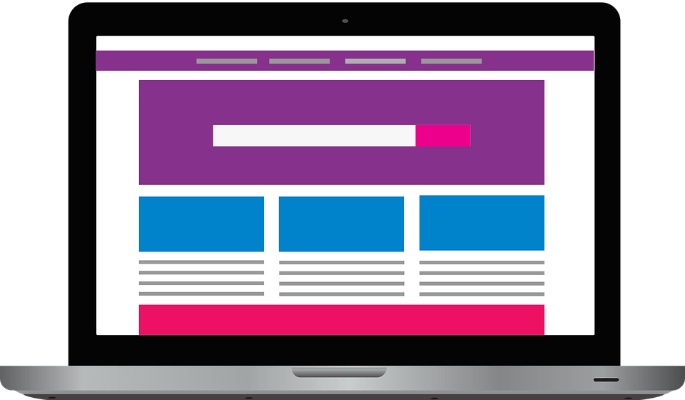 Flat illustration of a laptop screen showing a purple and blue website layout with a search bar