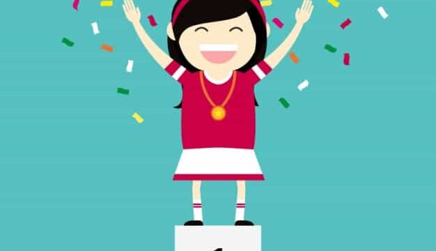 Cartoon girl celebrating on a winner's podium with confetti, illustrating SEO wins and success at Matter Solutions