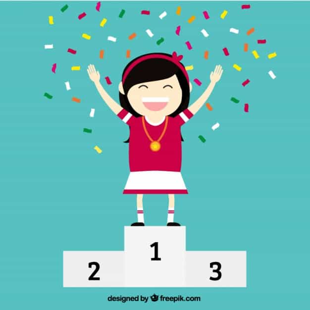 Cartoon girl celebrating on a winner's podium with confetti, illustrating SEO wins and success at Matter Solutions