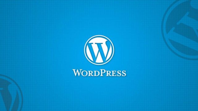 WordPress logo and wordmark in white on a blue background, illustrating building and designing WordPress websites