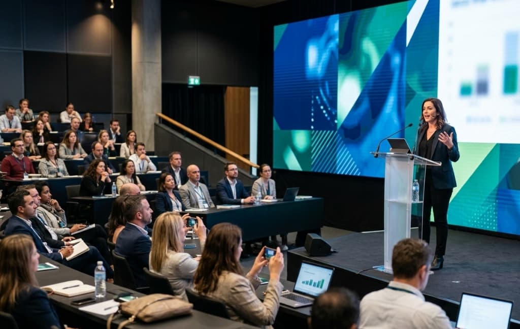 Speaker presenting to a packed conference audience with charts on a large screen, illustrating brand credibility through digital marketing